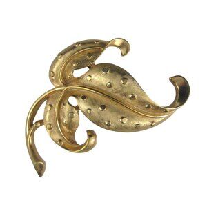 Crown Trifari Goldtone Leaf Brooch Pin Vintage Polka Dot Texture